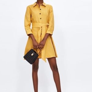 NWOT Zara Yellow Linen Belted Shirt Dress